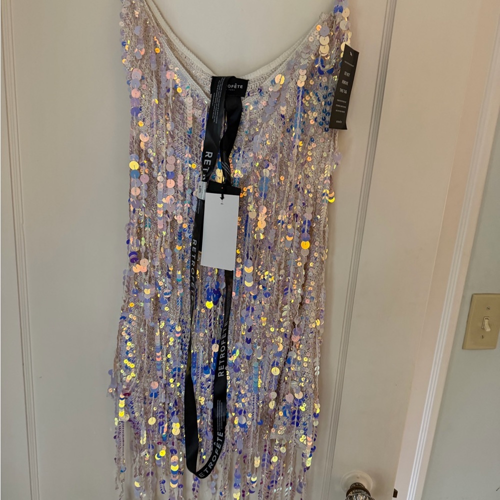 Retrofete Strapless Sequin Fringe Mini Dress in Iridescent Lilac and Blue - Picture 12 of 12